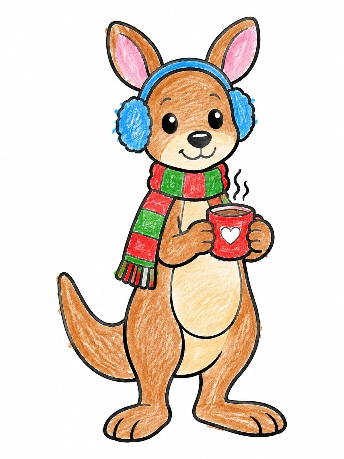Colored example of the Cozy Kangaroo With Hot Cocoa coloring page