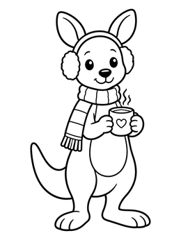 A sweet kangaroo coloring page featuring earmuffs, a scarf, and warm cocoa.