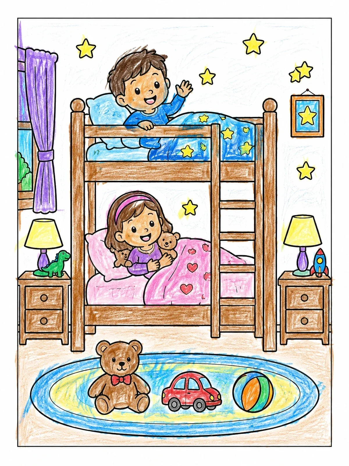 Colored example of the Cozy Kids Bedroom Bunk Bed coloring page