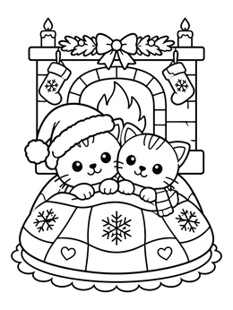 Two cute cats tucked under a quilt in this christmas kitten coloring page.
