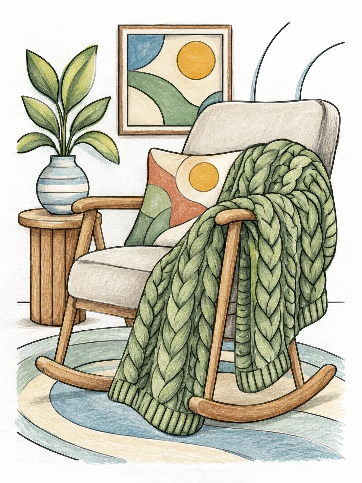 Colored example of the Cozy Knit Blanket On Rocking Chair coloring page