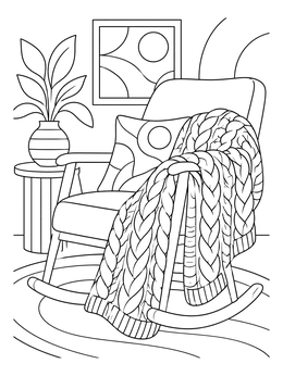 A cozy knit blanket coloring page draped over a wooden rocking chair in a room.