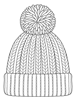 A cozy knitted winter clothing coloring page featuring a textured beanie hat with a fluffy pompom.