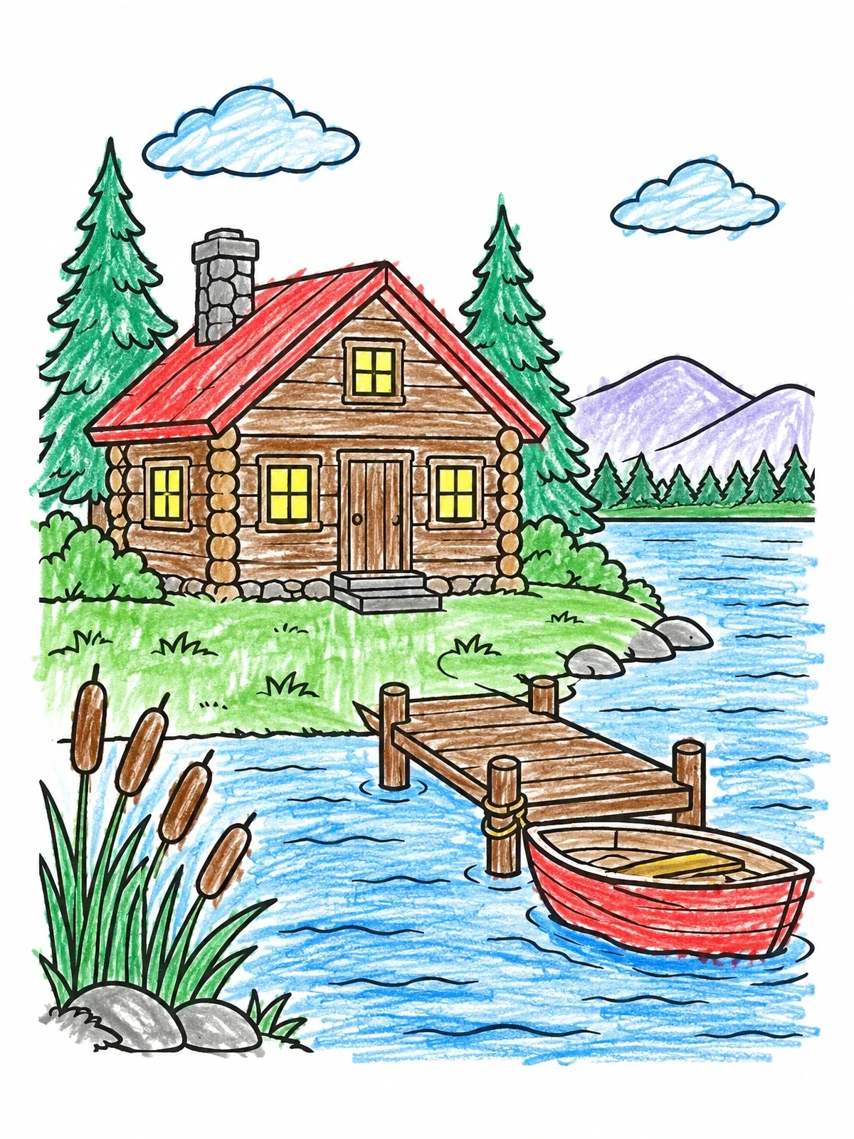 Colored example of the Cozy Lakeside Log Cabin coloring page
