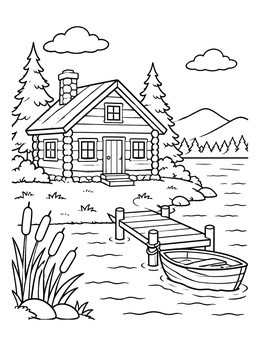Free printable Cozy Lakeside Log Cabin coloring page