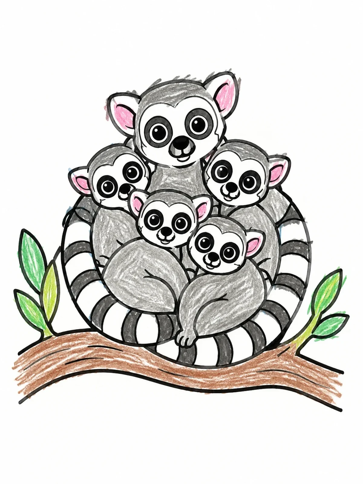 Colored example of the Cozy Lemur Troop Huddle coloring page