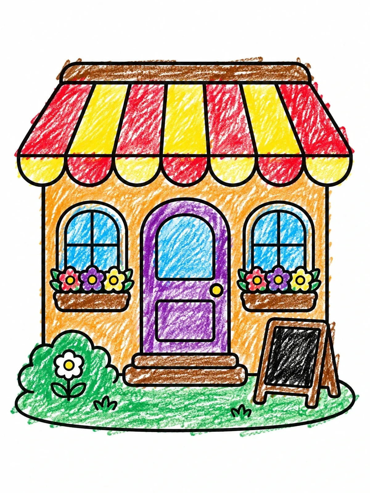 Colored example of the Cozy Little Cafe Storefront coloring page