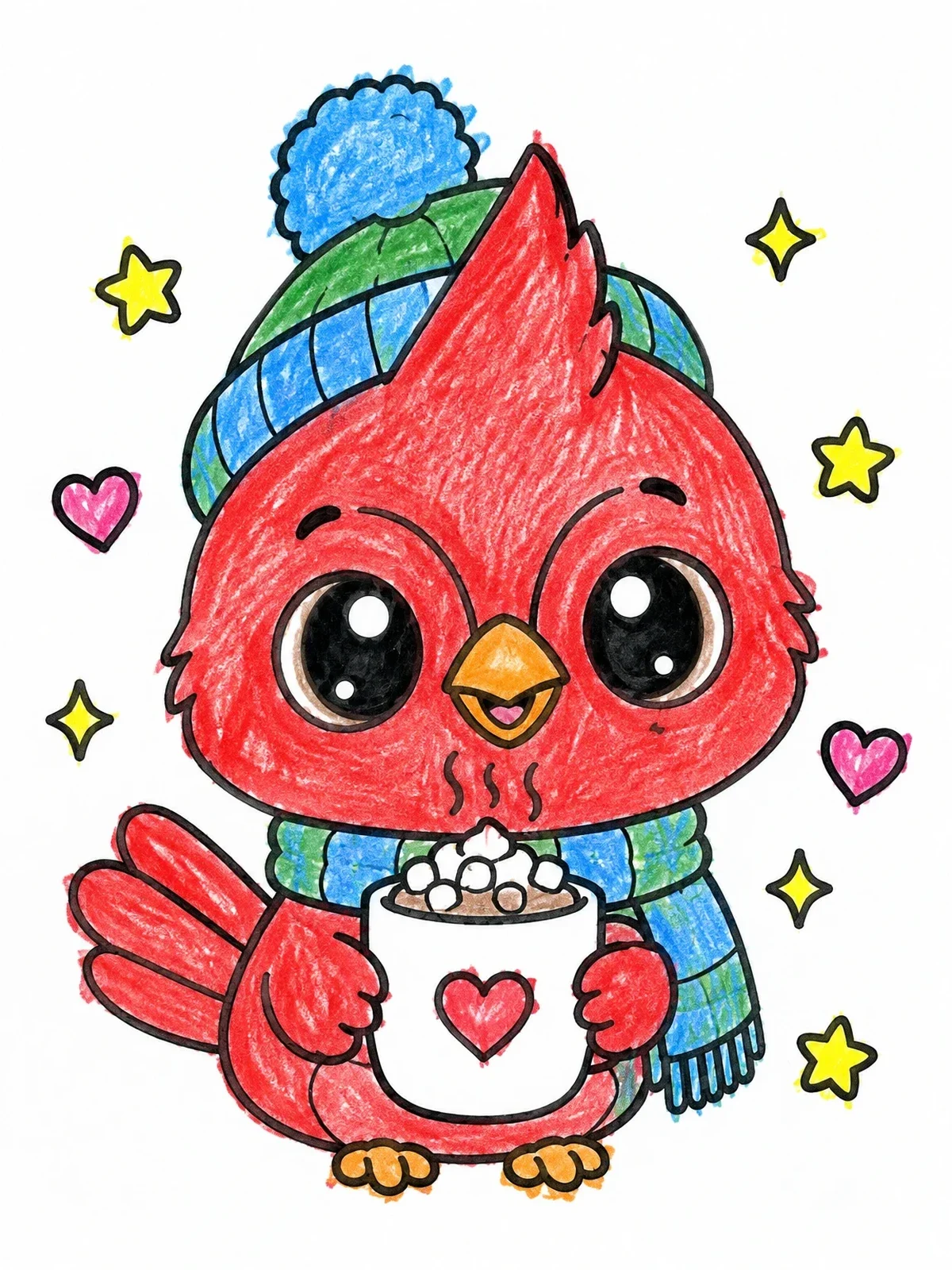 Colored example of the Cozy Little Cardinal With Cocoa coloring page