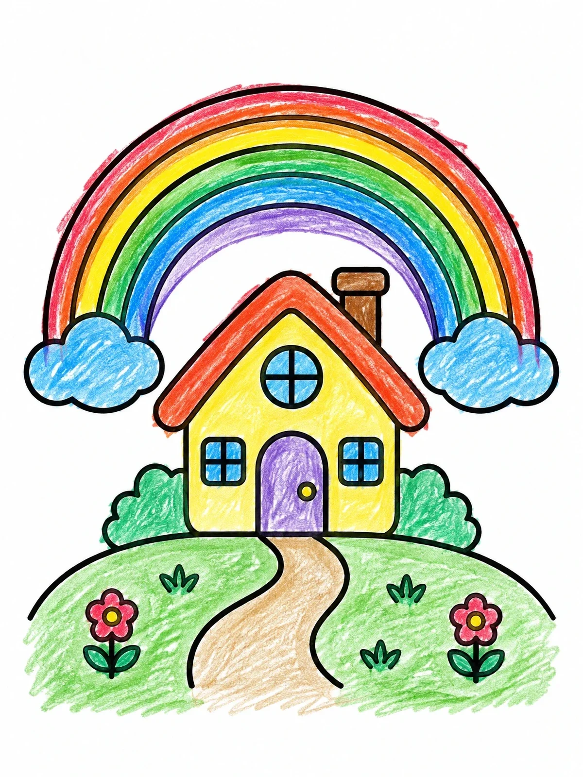 Colored example of the Cozy Little Cottage Under Rainbow coloring page