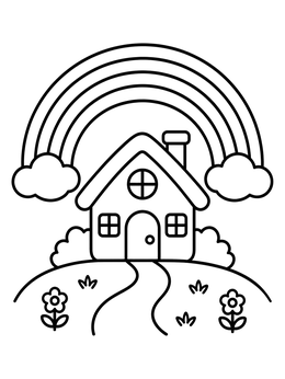 Free printable Cozy Little Cottage Under Rainbow coloring page