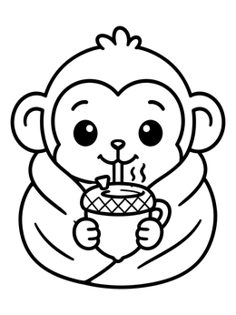 Free printable Cozy Little Monkey With Warm Drink coloring page