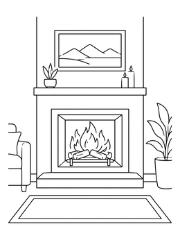 Free printable Cozy Living Room Fireplace Scene coloring page