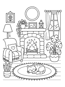 Free printable Cozy Living Room With Sleeping Cat coloring page