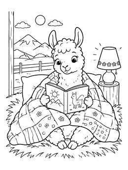 Free printable Cozy Llama Reading In Bed coloring page
