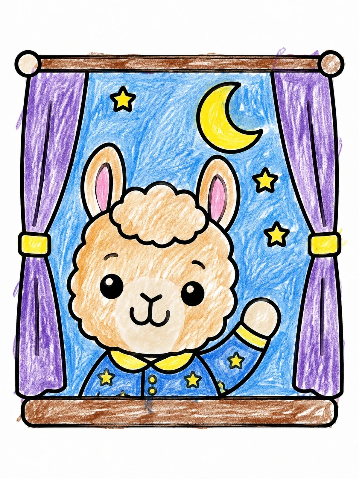 Colored example of the Cozy Llama Saying Goodnight At Window coloring page