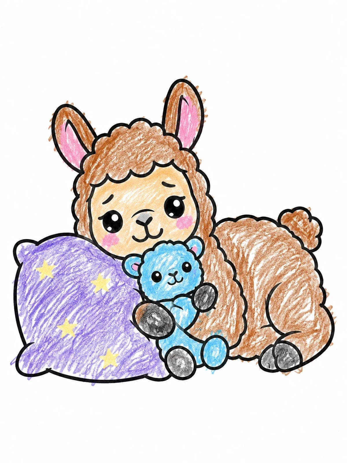Colored example of the Cozy Llama With Teddy Plush coloring page