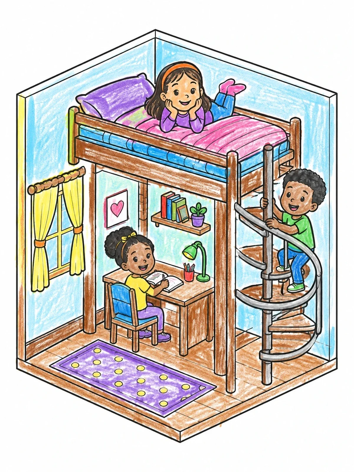 Colored example of the Cozy Loft Bed Bedroom Play coloring page