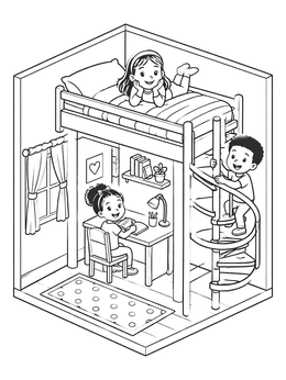 Free printable Cozy Loft Bed Bedroom Play coloring page