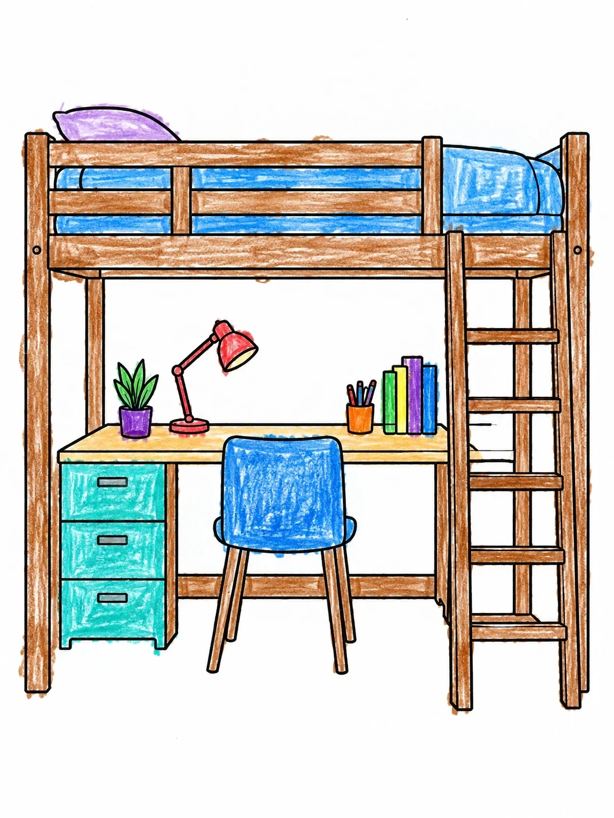 Colored example of the Cozy Loft Bed With Study Desk coloring page
