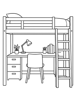 A detailed loft bed coloring page featuring an organized study desk, chair, and ladder underneath.