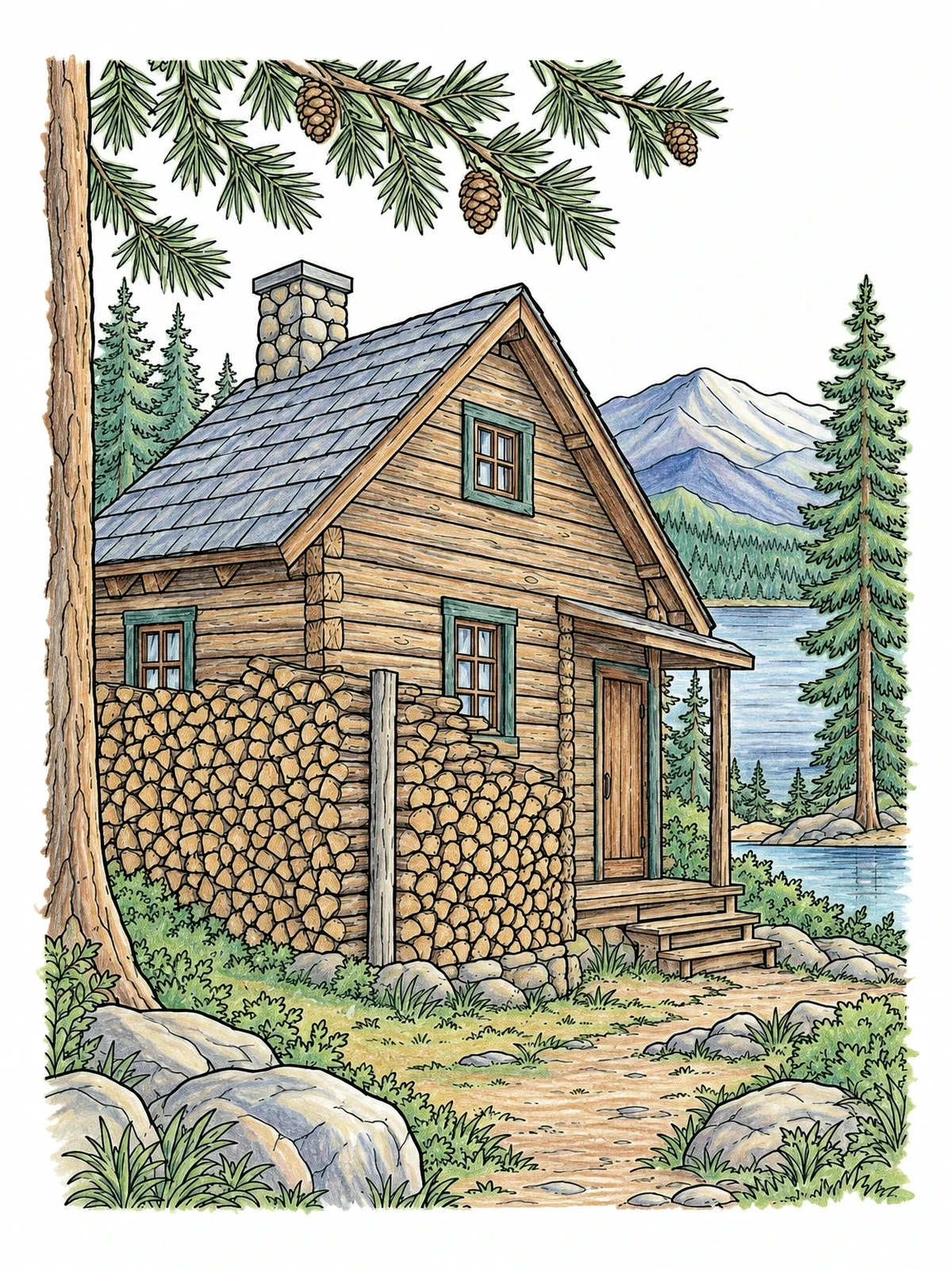 Colored example of the Cozy Log Cabin With Firewood Stack coloring page