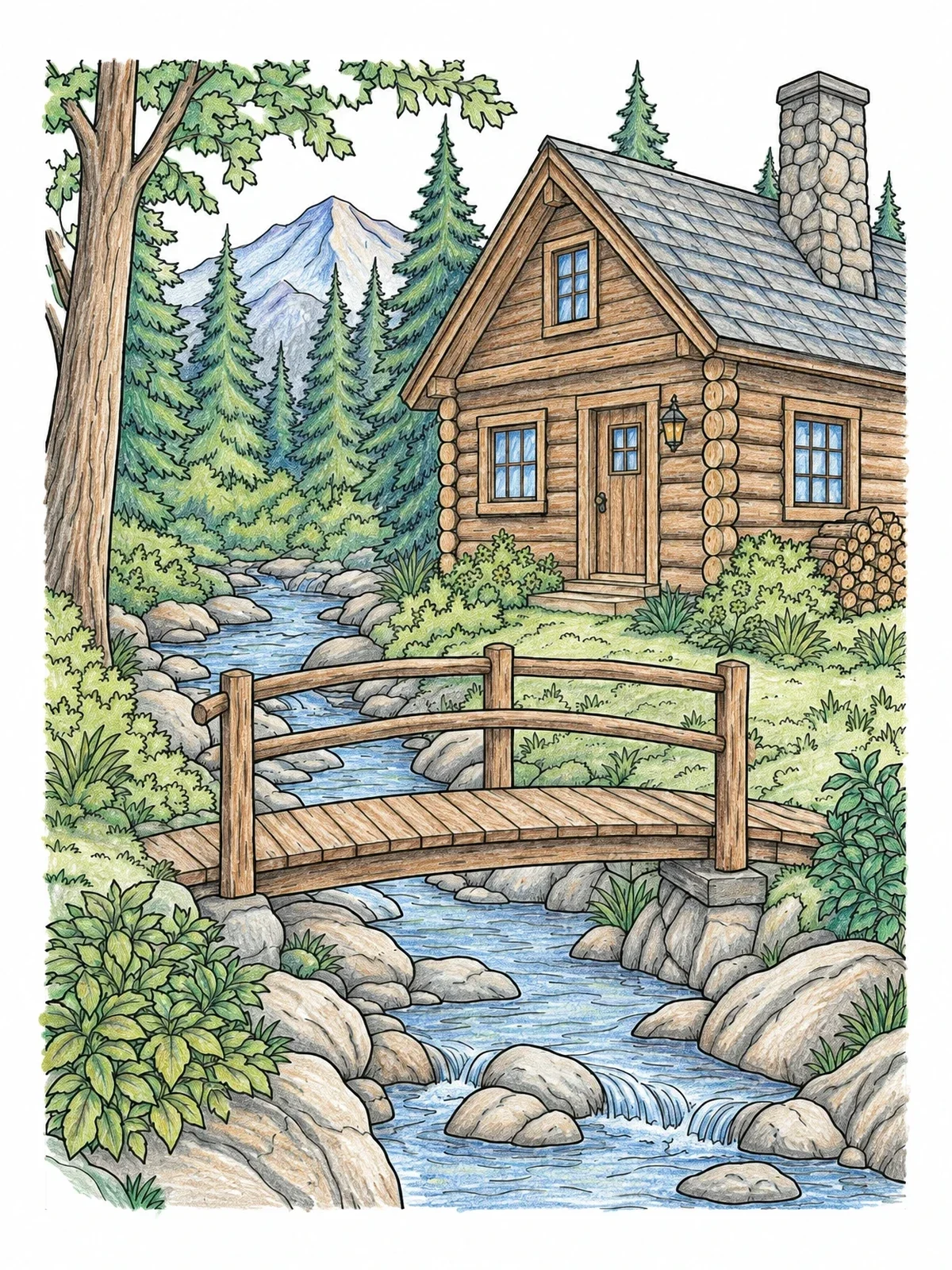 Colored example of the Cozy Log Cabin By A Forest Brook coloring page