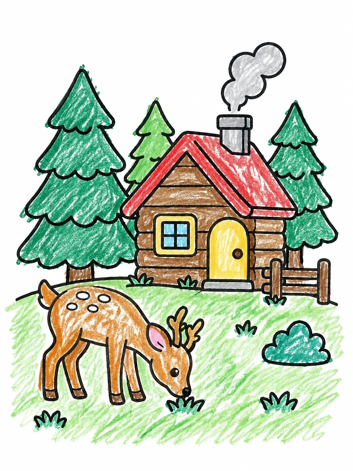 Colored example of the Cozy Log Cabin And Grazing Deer coloring page