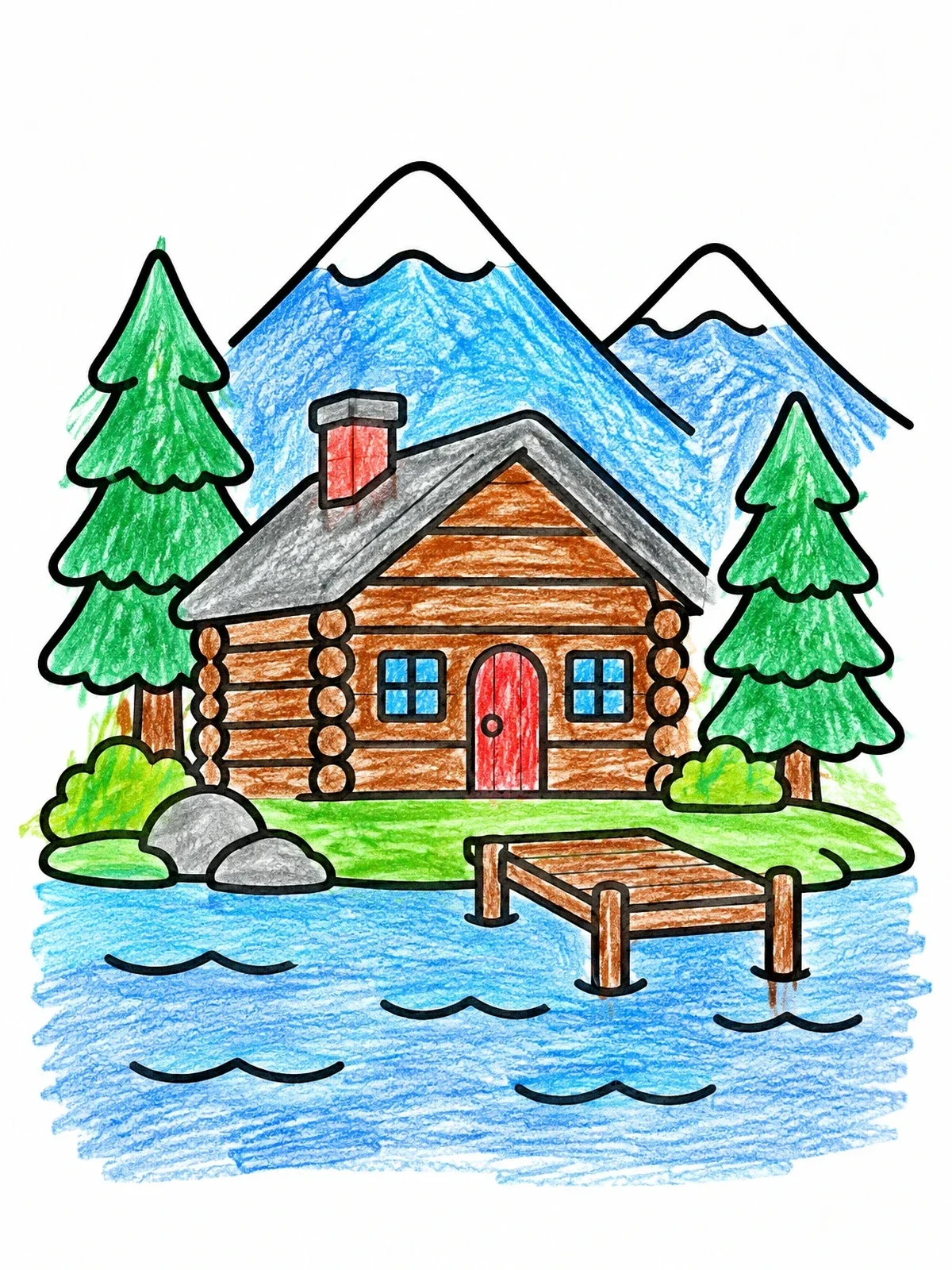 Colored example of the Cozy Log Cabin By The Lake coloring page