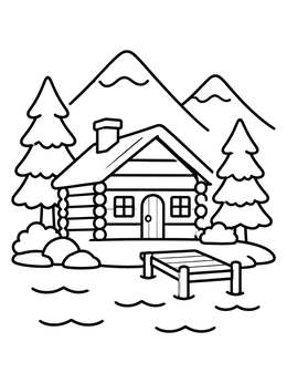 Free printable Cozy Log Cabin By The Lake coloring page