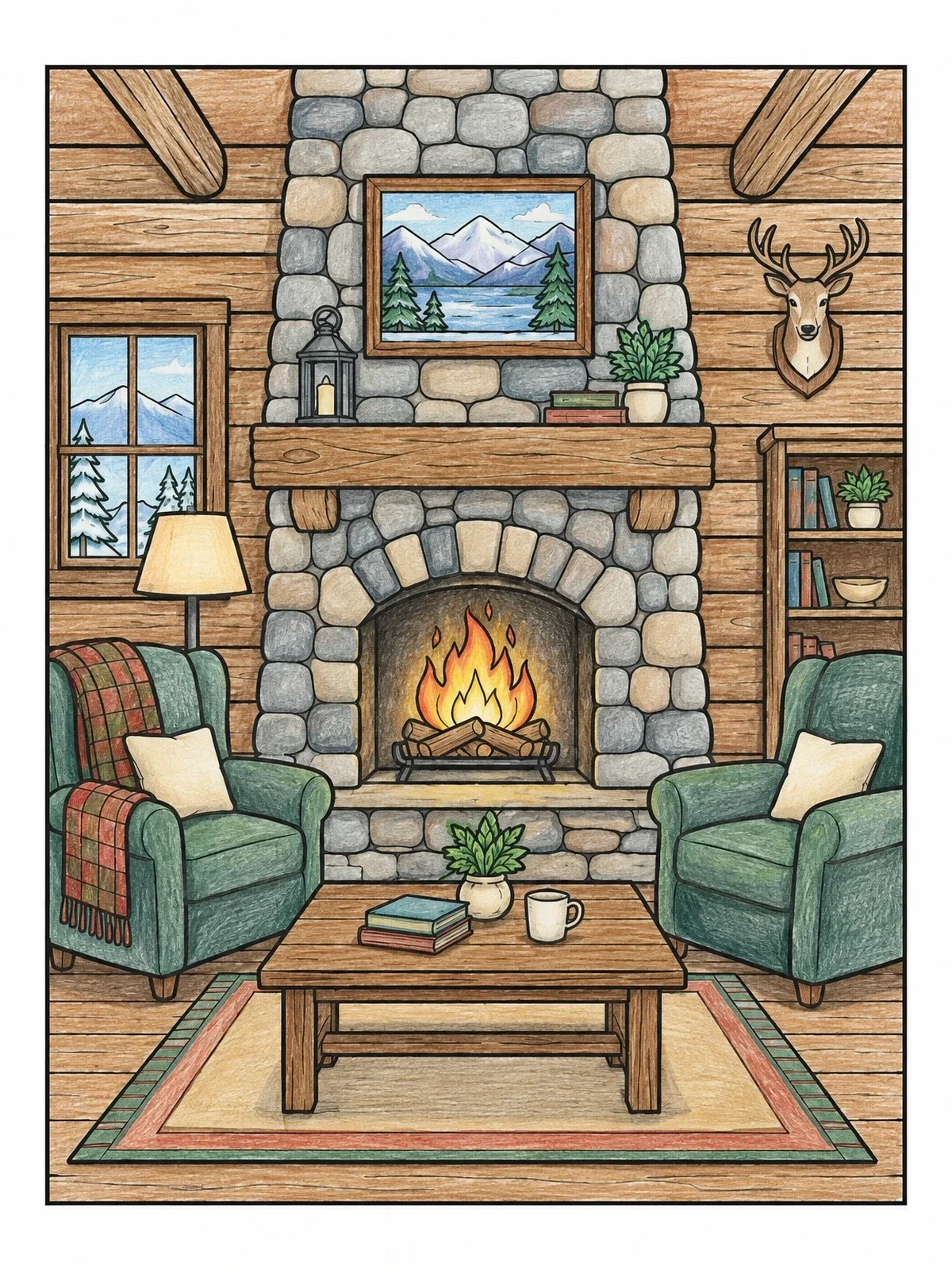 Colored example of the Cozy Log Cabin Living Room coloring page