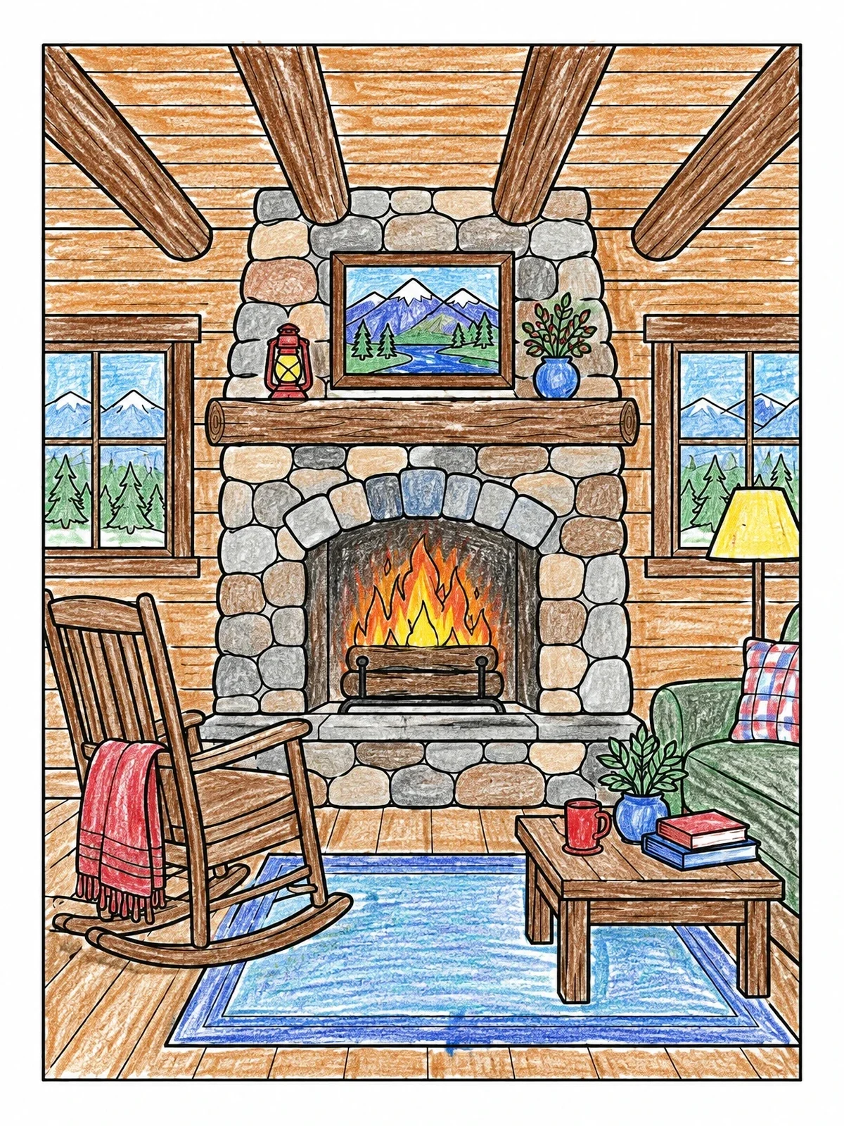 Colored example of the Cozy Log Cabin Living Room coloring page