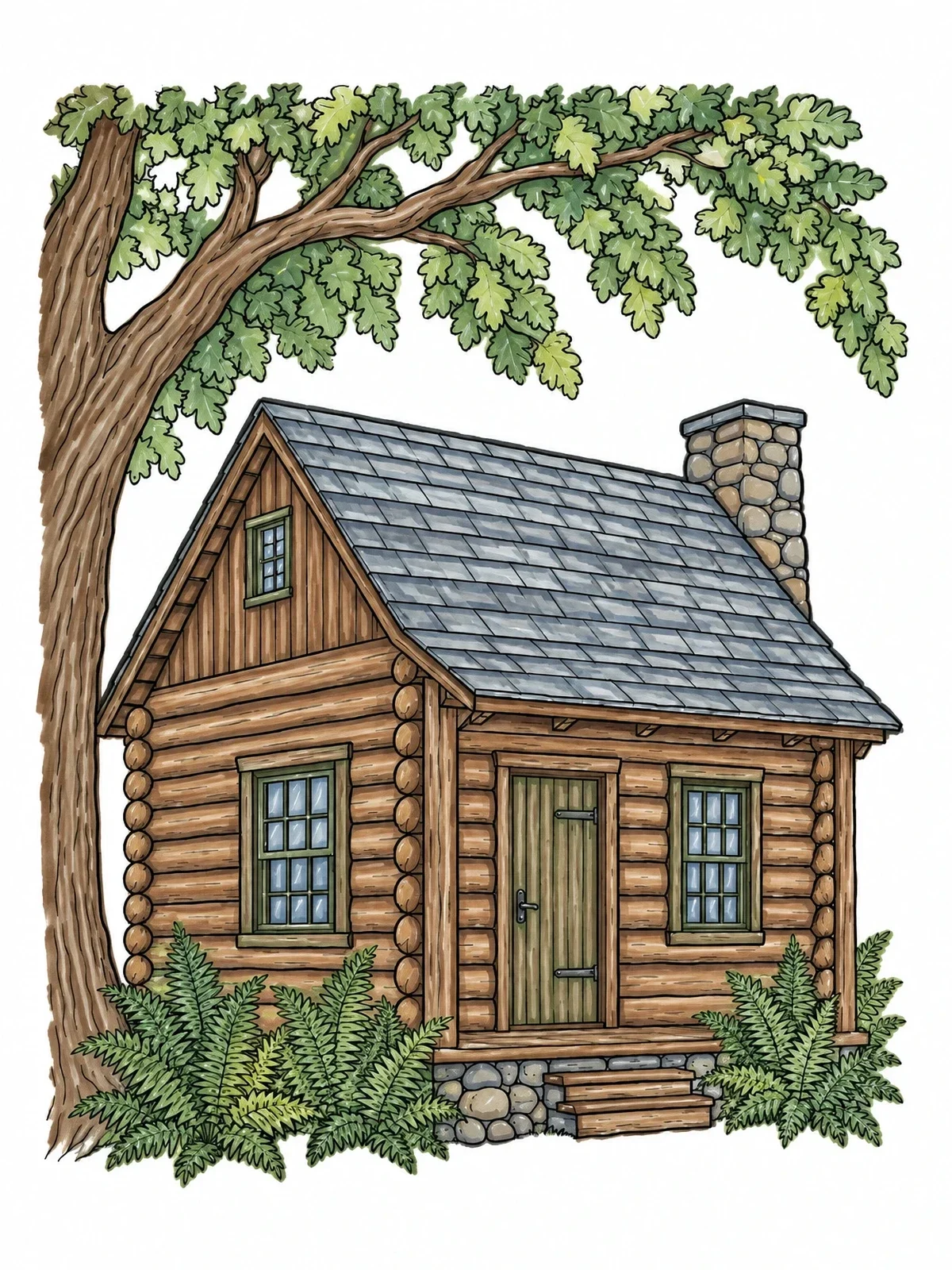 Colored example of the Cozy Log Cabin Under Oak Canopy coloring page