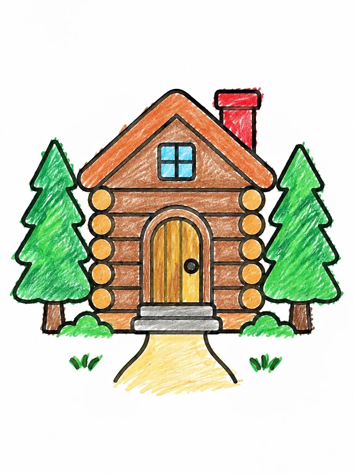 Colored example of the Cozy Log Cabin With Pine Trees coloring page