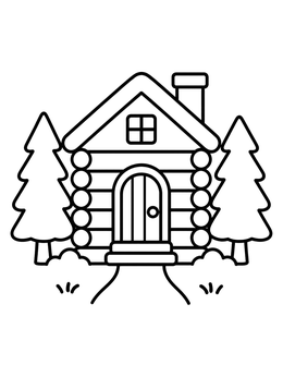 Free printable Cozy Log Cabin With Pine Trees coloring page