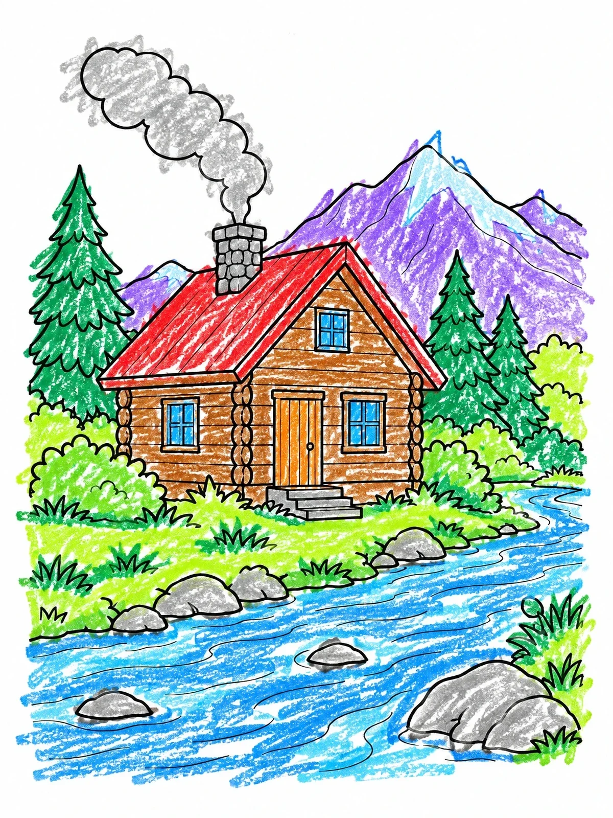 Colored example of the Cozy Log Cabin By The River coloring page