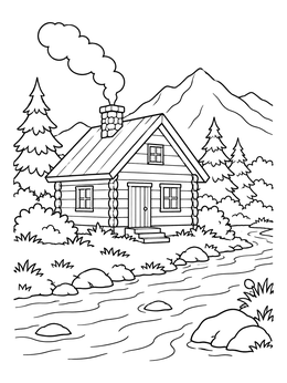 Free printable Cozy Log Cabin By The River coloring page