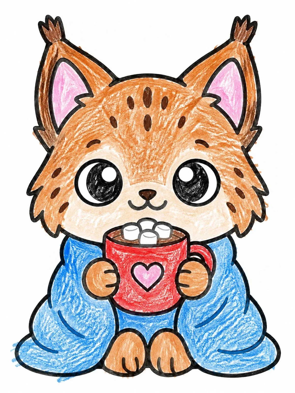 Colored example of the Cozy Lynx With Hot Cocoa coloring page
