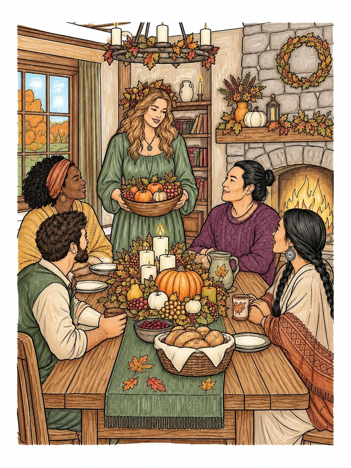 Colored example of the Cozy Mabon Harvest Gathering coloring page