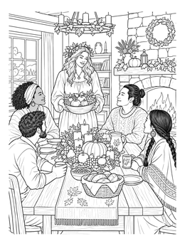 Free printable Cozy Mabon Harvest Gathering coloring page