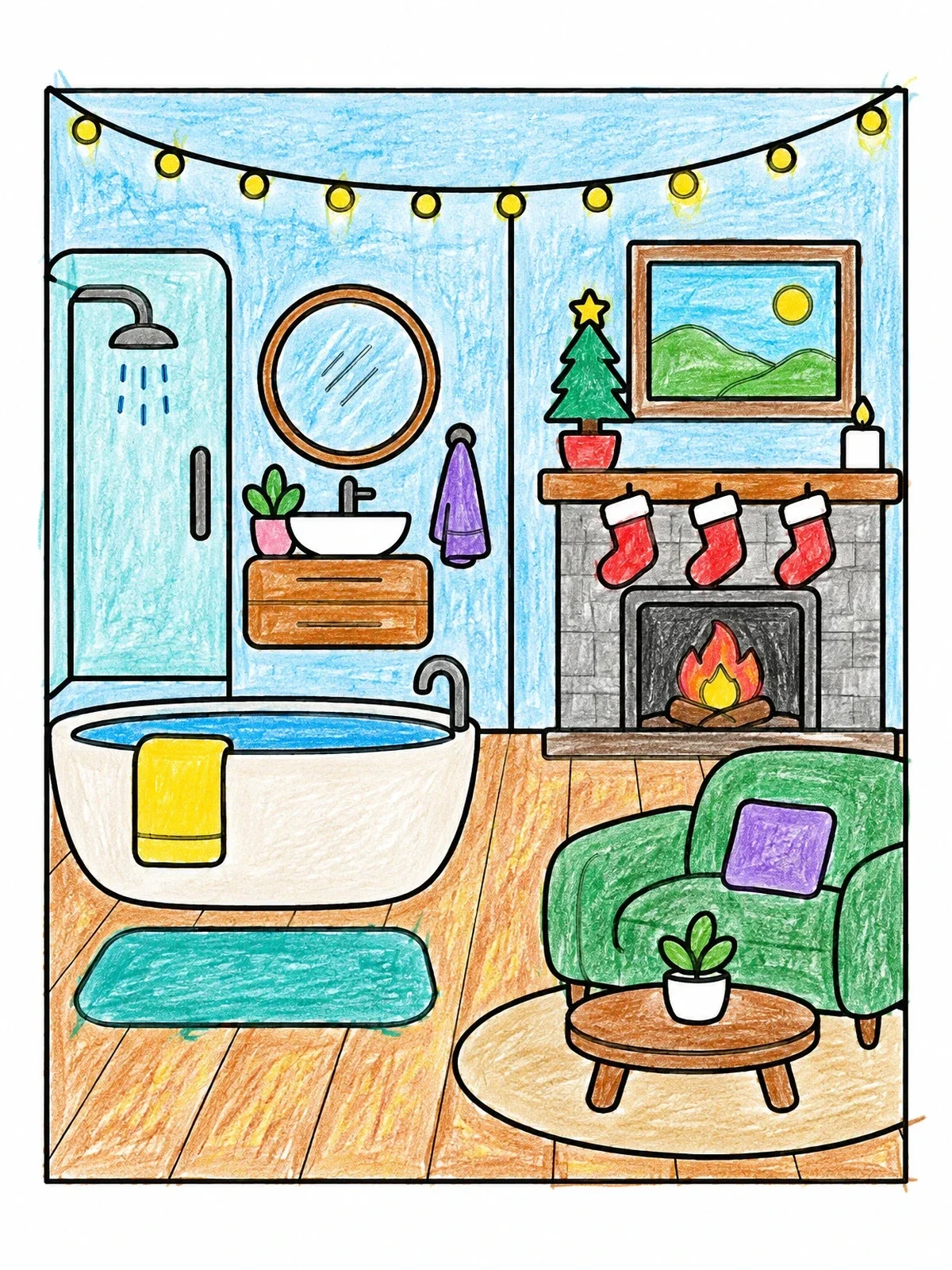 Colored example of the Cozy Modern Bathroom And Fireplace coloring page