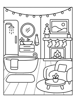 Free printable Cozy Modern Bathroom And Fireplace coloring page