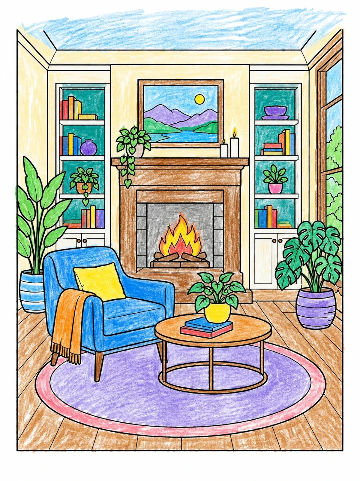 Colored example of the Cozy Modern Living Room With Fireplace coloring page