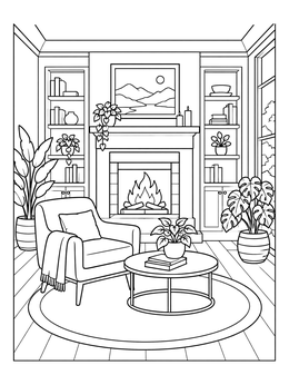 Free printable Cozy Modern Living Room With Fireplace coloring page