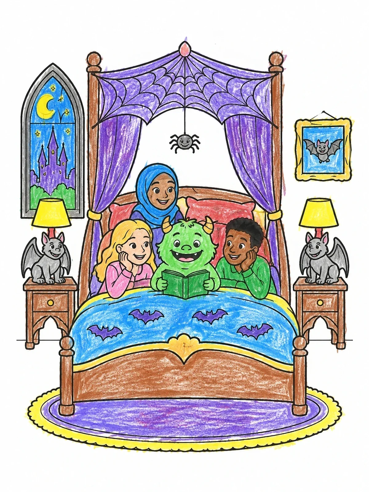 Colored example of the Cozy Monster Hotel Bedroom coloring page