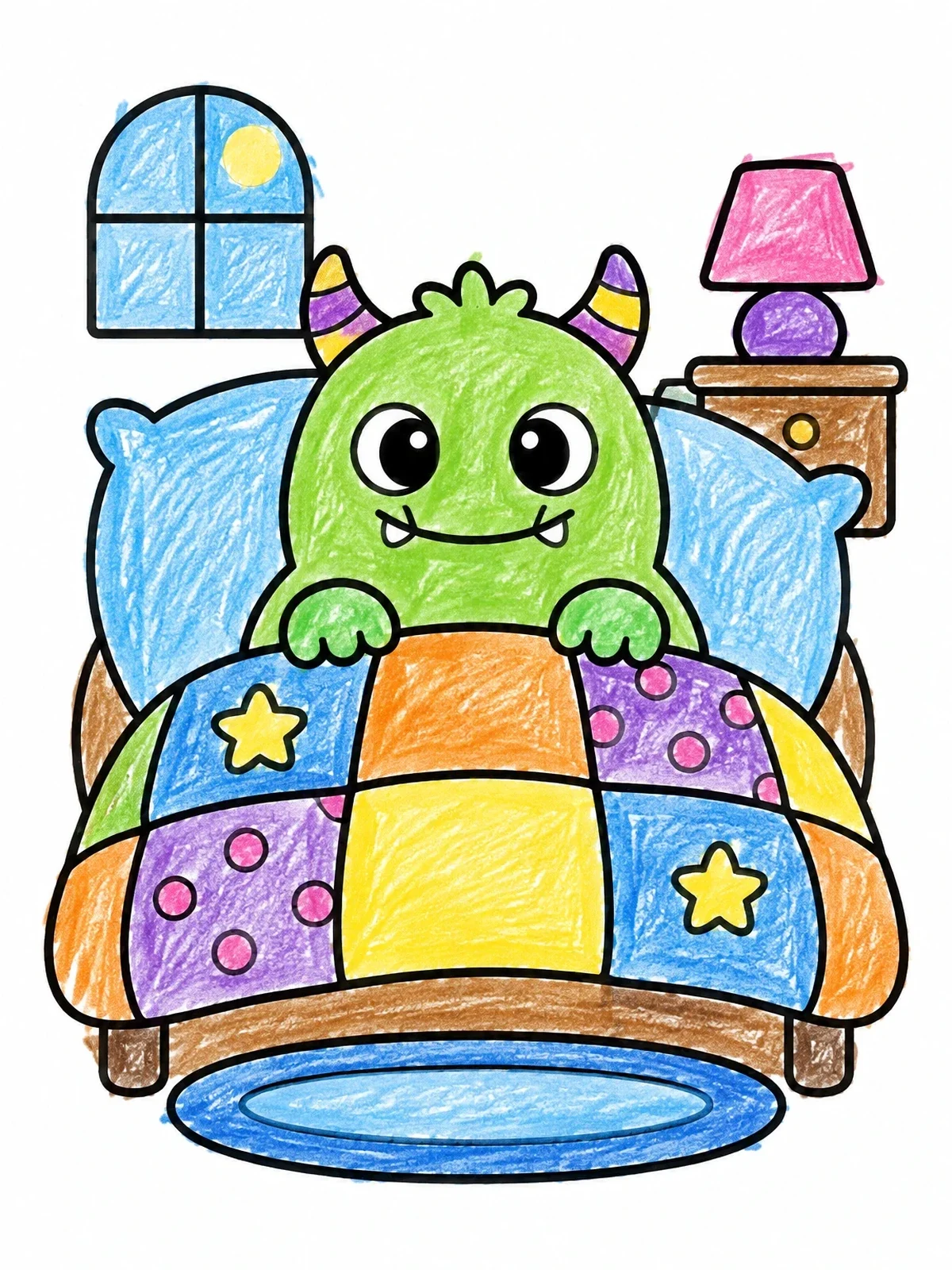 Colored example of the Cozy Monster Tucked In Bed coloring page