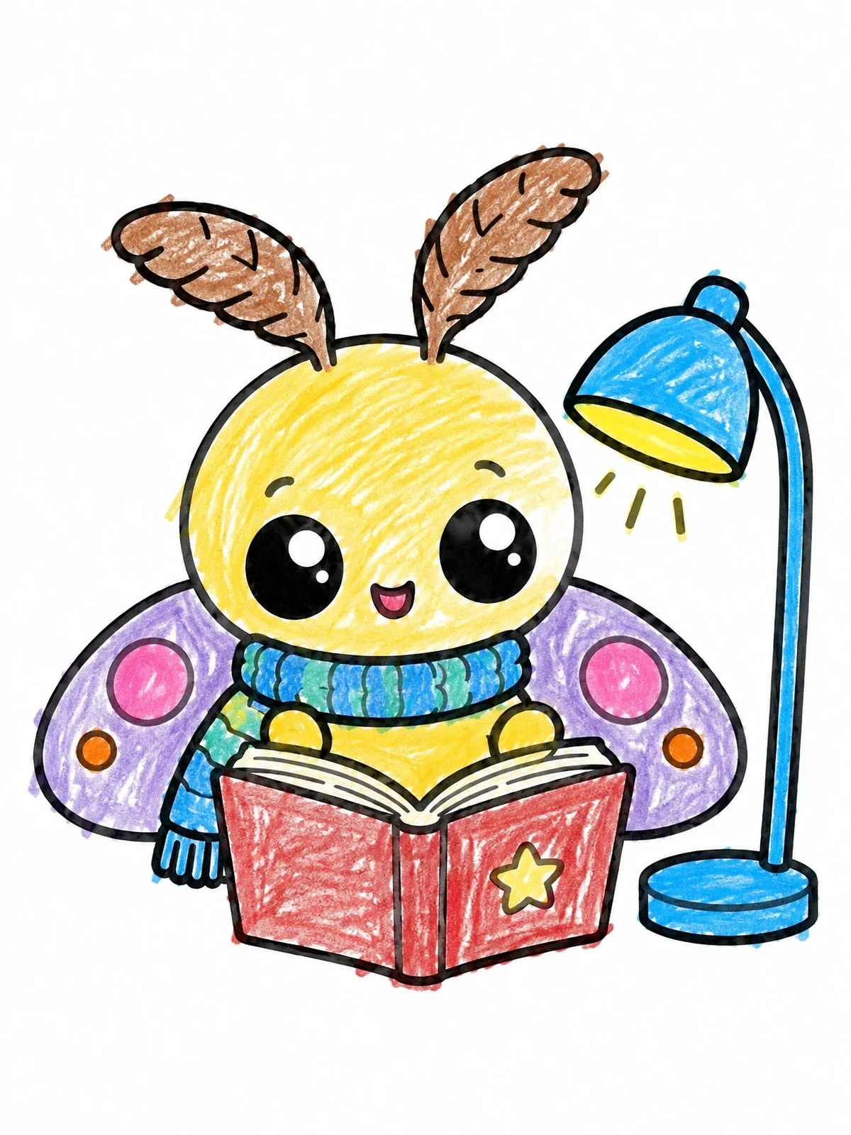 Colored example of the Cozy Moth Reading A Book coloring page