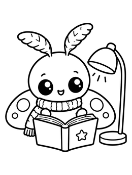 A cute cartoon moth coloring page showing a bug reading a storybook by a lamp.