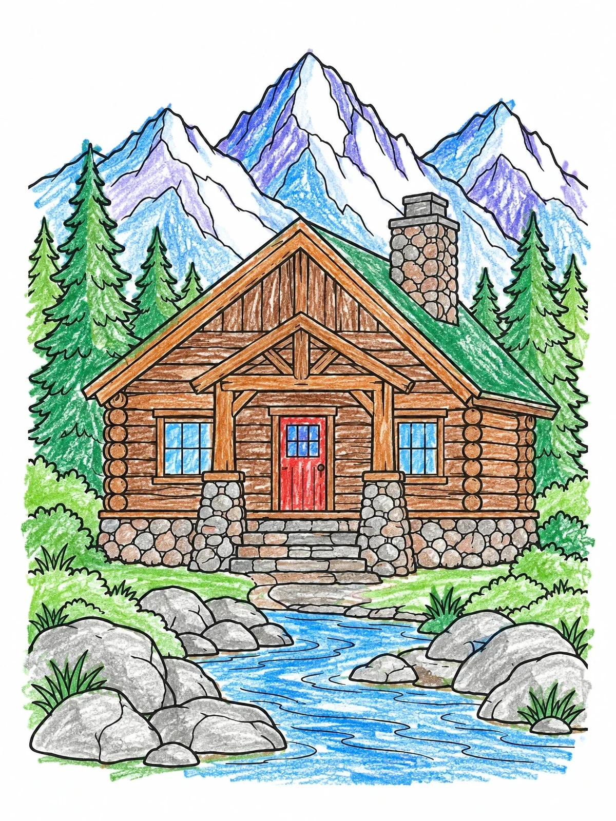 Colored example of the Cozy Mountain Log Cabin coloring page