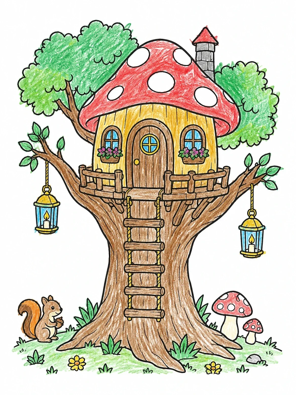 Colored example of the Cozy Mushroom Cap Tree House coloring page
