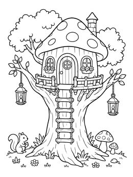 Free printable Cozy Mushroom Cap Tree House coloring page